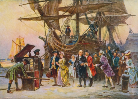 Franklins return to Philadelphia - pictura, people, jean leon gerome ferris, painting, ship, art