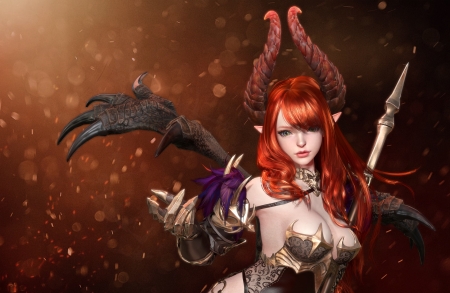 Succubus - demon, succubus, nus pei, girl, frumusete, redhead, fantasy, orange, hand, horns