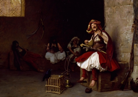 Singing Bashi-Buzuk - pictura, instrument, jean leon gerome, red, painting, man, art