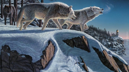 Wolves - winter, wolf, snow, picture, painting, iarna, kim norlien, art, luminos