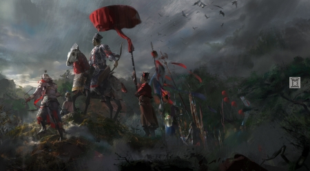 Warrior - warrior, man, horse, armor, fantasy, umbrella, red, shuai zhang, art, asian, luminos