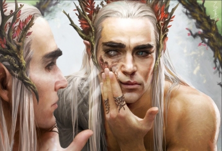 Inerasable dragon flames - xi zhang, thranduil, the hobbot, elf, eyes, king, lotr, fantasy, face, art, luminos