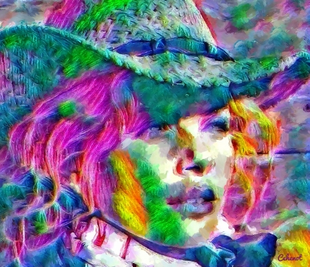 Charlize Theron - yellow, blue, Charlize Theron, pink, cowgirl, face, art, hat, abstract, girl, portrait, cehenot, actress, pictura, green, woman, painting