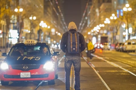 Street lights San Francisco - taxi, street, night, buildings, san francisco, transport, car, man, lights