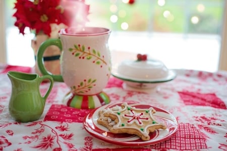 Christmas Breakfast - hot chocolate, gingerbread, jar, breakfast, poinsettie, lovely, christmas