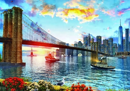 Brooklyn Bridge - new york, wide screen, landscape, brooklyn bridge, illustration, painting, art, new york city, beautiful, artwork, scenery, architecture, bridge, usa