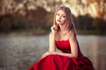 Pretty Woman in Red - red, outdoors, blonde, model, dress