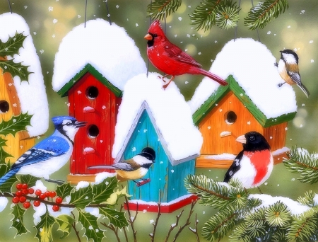 Winter Village - birds, winter, snow, holidays, xmas and new year, Christmas, love four seasons, winter holidays, animals, birdhouses