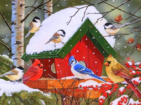 Winter Feast - xmas and new year, attractions in dreams, animals, winter, birdhouses, christmas, holidays, love four seasons, winter holidays, snow, birds