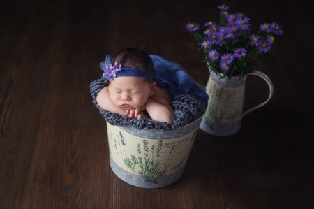 Baby girl - girl, child, copil, white, sleep, purple, baby, blue, cute, flower