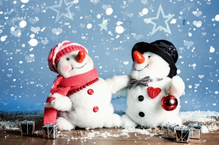 Happy Holidays! - snowman, new year, craciun, hat, couple, winter, scarf, christmas, white, red, blue, card