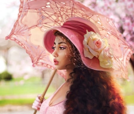 Girl with umbrella - hat, girl, flower, pink, frumusete, fantasy, umbrella, rose, luminos, abeer malik