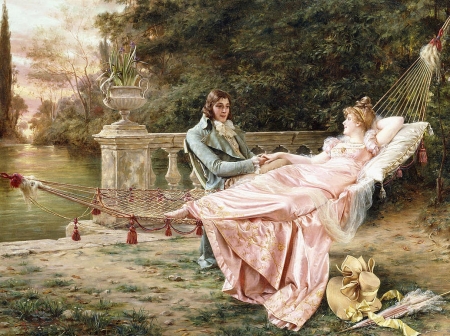 Hammock - woman, couple, hammock, joseph frederic charles soulacroix, painting, art, pink, luminos, man, pictura, dress