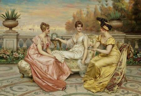 Tea on a terrace - tea, joseph frederic charles soulacroix, trio, painting, art, yellow, luminos, pink, pictura