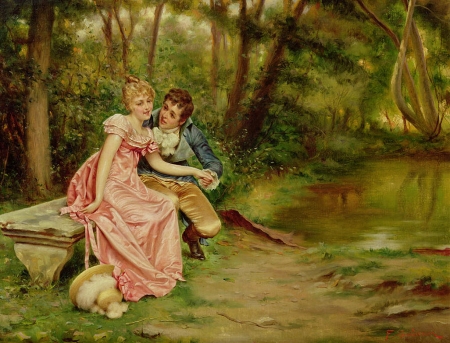 The lovers - woman, couple, joseph frederic charles soulacroix, painting, art, lovers, pink, man, pictura, green, dress