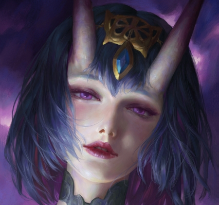 Shuten Douji - amethyst eyes, girl, frumusete, fantasy, purple, face, art, luminos, shuten douji, demon