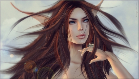 Elf girl - face, rendering, elf, redhead, girl, hand, fantasy