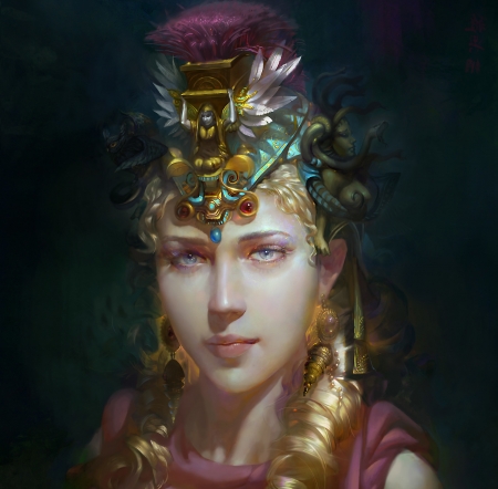 Athena - weile zhang, girl, jewel, fantasy, goddess, face, art, luminos, athena