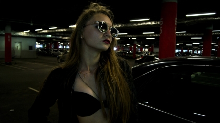 Woman with sunglasses - woman, car, people, night, sunglasses, lights