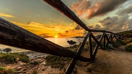 Wooden Fence on the Beach - clouds, wooden, sunset, nature, beach, fence