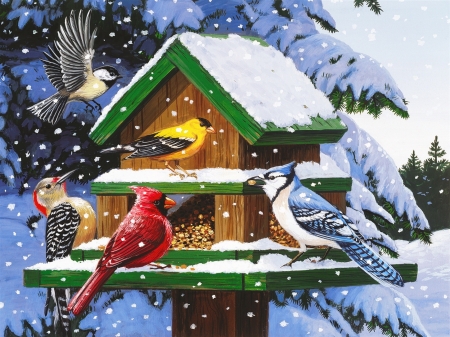 Winter feeder - snowfall, gathering, winter, snowflakes, cardinals, art, feeder, snow, birdhouse, birds