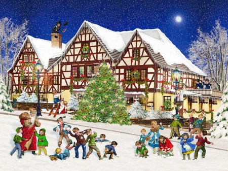 Snowball fight - moon, fun, kids, winter, snowflakes, snow, snowball, children, joy, village, ice, fight, frost, snowfall, art