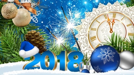 Celebrate 2018 - clock, new years, 2018, stars, blue balls, Firefox Persona theme, cones, pine, decorations, Christmas, sparklers