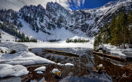 Winter Lake - winter, nature, landscape, snow, lake, mountains, sky