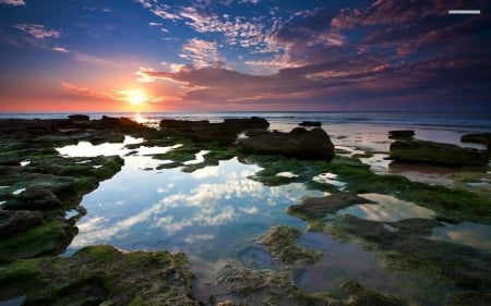 Sea Sunset - clouds, sunset, nature, rock, sea, sky