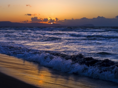 Beach Sunset - horizon, sky, beach, landscape, sunset, waves, coast, nature, sand