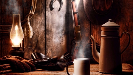 still life - hat, belt, coffee pot, rifle, cup