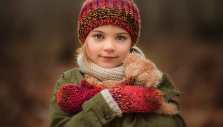 Little girl - beauty, autumn, hat, girl, winter, scarf, child, copil, gloves, red, teddy bear, cute, little