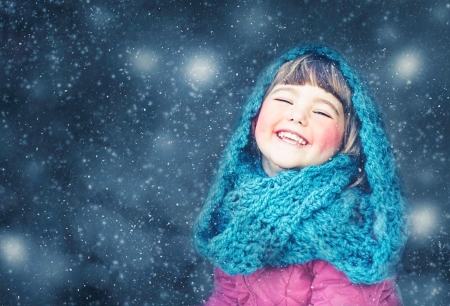 Little girl - girl, iarna, winter, child, copil, scarf, snow, blue, pink, smile