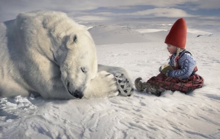 Good night story - elf, hat, girl, polar bear, child, copil, urs, creative, fantasy, white, red, snow, animal