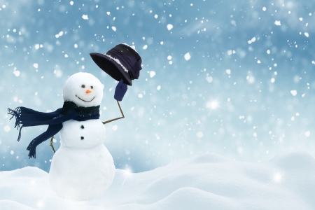 Snowman - hat, snowman, winter, blue, christmas, black, white, scarf, craciun