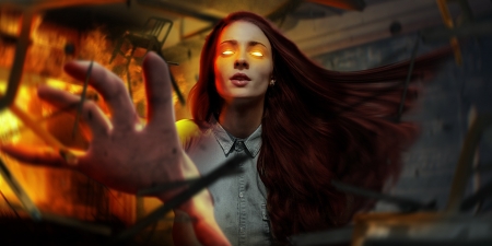 X-Men Dark Phoenix (2018) - dark phoenix, actress, movie, frumusete, fantasy, fire, poster, comics, hand, red, luminos, orange, sophie turner