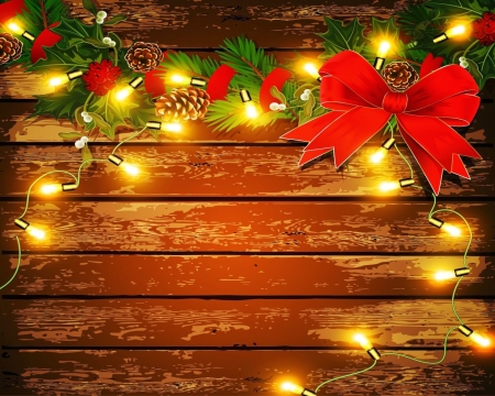 Wooden Christmas Decor - wood, bow, lights, red