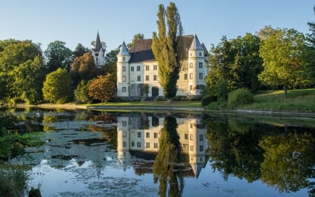 Castle of Hagenau, Wasserburg - trees, Germany, lake, reflection, castle