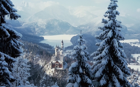 Neuschwanstein Castle,German - trees, winter, snow, forest, mountain, castle