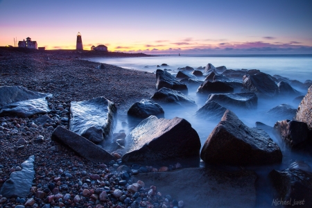 Beautiful Lighthouse Above A Mist Rocky Shore - rocky, shore, nature, lighthouse, beach, sea