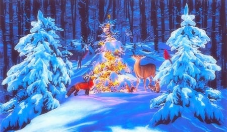 Woodland Glow - Christmas Tree, birds, winter, attractions in dreams, snow, holidays, xmas and new year, glow, forests, nature, deer, Christmas, love four seasons, winter holidays, animals, woods