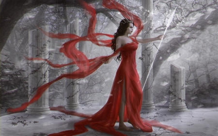 Red Sonya - lady, warrior, magical, crown, gown, lovely, fantasy, woods, red, ethereal, dreamy