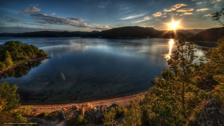 Coastal Sunset - nature, sky, trees, clouds, sun, sunset, coast