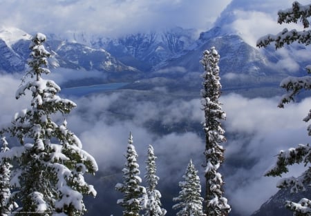 Lake Minnewanka,Canada - nature, lake, trees, minnewanka, snow, winter, mountains, rocks