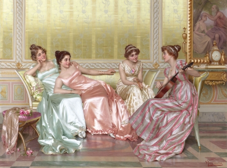 La soiree - woman, girl, vittorio reggianini, room, painting, art, blue, luminos, pink, pictura, salloon, dress