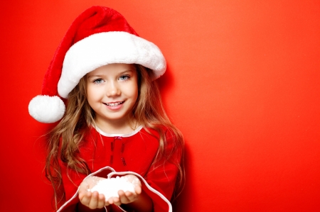 Little girl - hat, snow, girl, copil, child, christmas, santa, white, hand, craciun, red, card