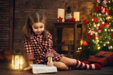 Letter to Santa - candle, letter, girl, copil, child, lantern, tree, christmas, craciun