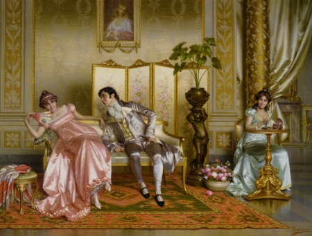 The flirtation - vittorio reggianini, dress, girl, pink, man, pictura, painting, woman, couple, art, luminos