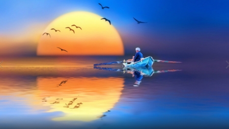 Sunset - water, sunset, pasare, bird, painting, art, reflection, man, luminos, blue, orange, pictura, sea, boat