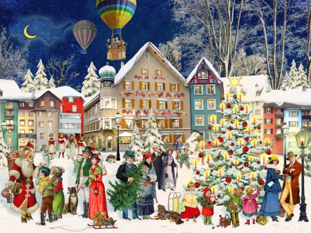 Christmas town - winter, evening, village, night, christmas, art, holiday, town, houses, people, moon, tree, snow